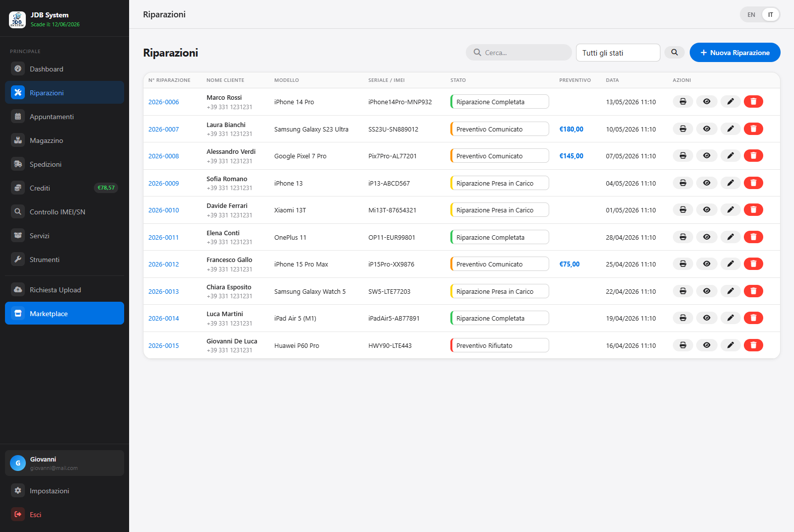 Screenshot dashboard riparazioni